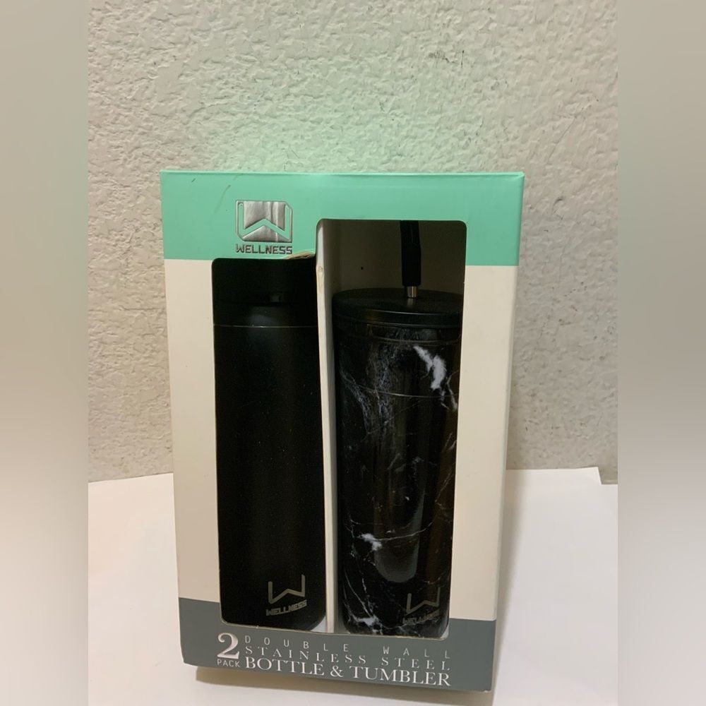 NIB WELLNESS 3-PACK DOUBLE WALL WINE BOTTLE & TUMBLER SET INSUL. BLACK MARBLE